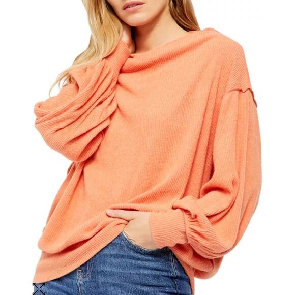 Free People Main Squeeze Hacci Top Long Balloon Sleeve Ribbed Orange Size XS - Picture 2 of 10